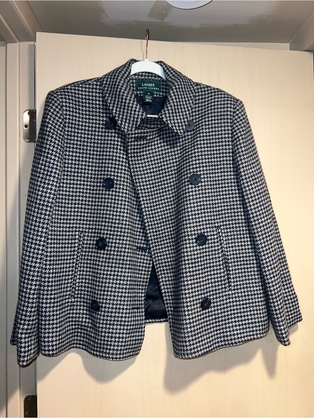 Ralph Lauren Wool Navy & White Houndstooth Double-Breasted Peacoat